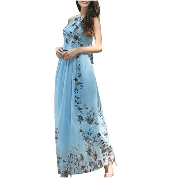 IROINNID Women's Sleeveless Prints A-Line Dress Fashion Casual Halter Tie-in Waist Long Dress Round Neckline Full-Length Dress