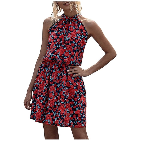 IROINNID Women's Sleeveless Prints A-Line Dress Fashion Floral Halter Strapless Ruffle Bandage Casual Dress Off-The-Shoulder Short Dress