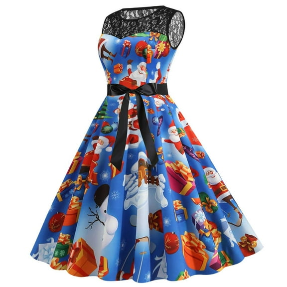 IROINNID Women's Sleeveless Prints A-Line Dress Vintage Lace Fashion Christmas 1950s Evening Party Prom Dress V-Neck Knee-Length Dress