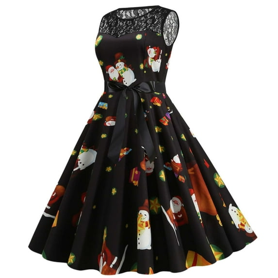 IROINNID Women's Sleeveless Prints A-Line Dress Vintage Lace Stitching Christmas 1950s Evening Party Prom Dress V-Neck Knee-Length Dress