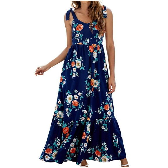 IROINNID Women's Sleeveless Prints Empire Dress Summer New Lace-up Dress Long V-Neck Knee-Length Dress