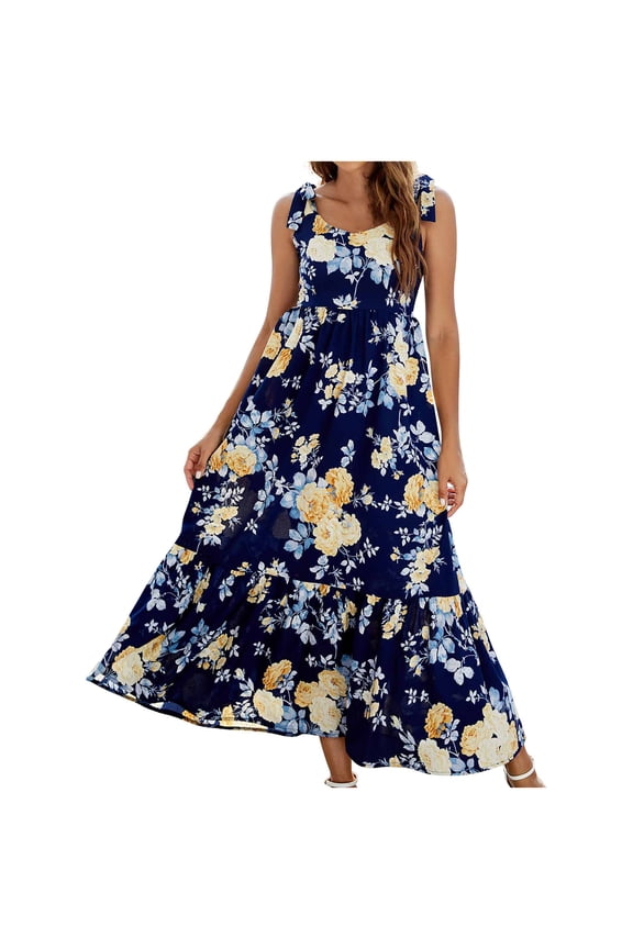 Women's Sleeveless Prints Empire Dress Summer New Lace-up Dress Long V-Neck Knee-Length Dress