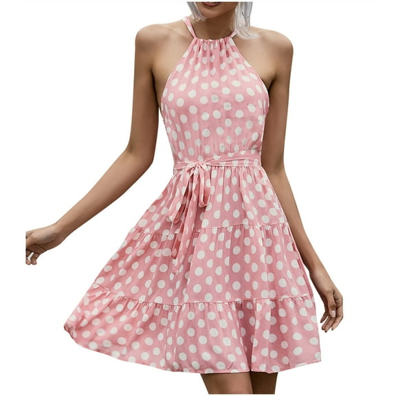 IROINNID Women's Sleeveless Prints Halter Dress Summer Casual Halter Wave Point Dresses Slim Dress Cold Shoulder Knee-Length Dress