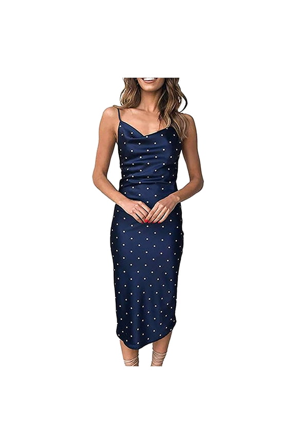Women's Sleeveless Prints Sheath Dress Fashion Casual Drawstring Polka Dot Dress V-Neck Below The Knee Dress