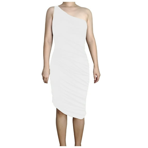 IROINNID Women's Sleeveless Prints Sheath Dress Fashion Casual Sexy Irregular Collar Slim Knee Dress One-Shoulder Knee-Length Dress