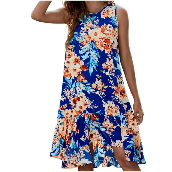 IROINNID Women's Sleeveless Prints Shift Dress Summer Short Front Short Back Long Hem Casual Loose Dress Round Neckline Knee-Length Dress