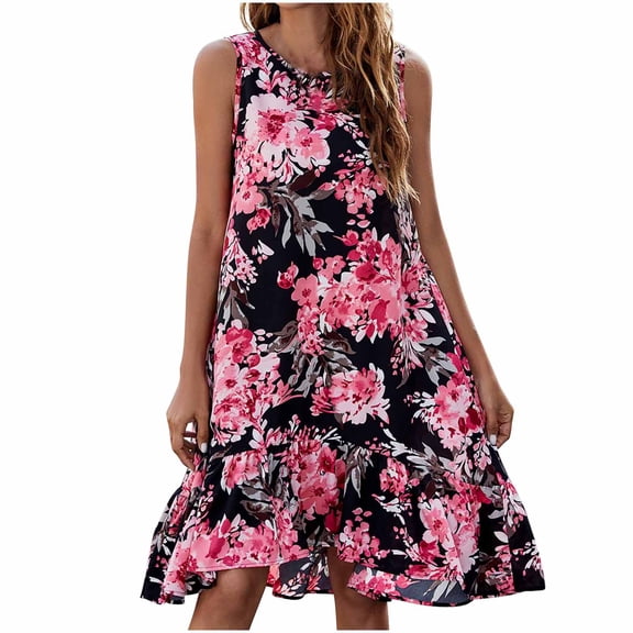 IROINNID Women's Sleeveless Prints Shift Dress Summer Short Front Short Back Long Hem Casual Loose Dress Round Neckline Knee-Length Dress