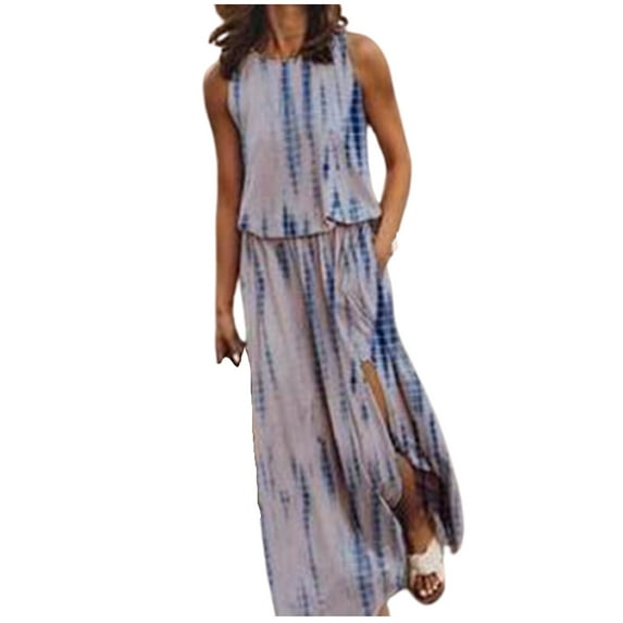 IROINNID Women's Sleeveless Prints Sundress Fashion Casual Fork Opening Long Dress Round Neckline Full-Length Dress