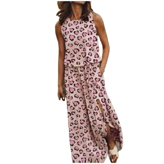 IROINNID Women's Sleeveless Prints Sundress Fashion Casual Fork Opening Long Dress Round Neckline Full-Length Dress