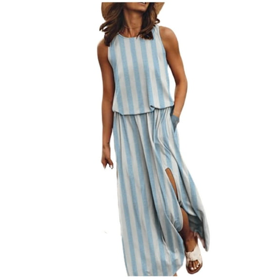 IROINNID Women's Sleeveless Prints Sundress Fashion Casual Fork Opening Long Dress Round Neckline Full-Length Dress