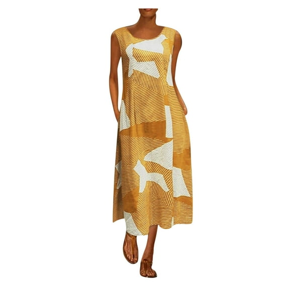 IROINNID Women's Sleeveless Prints Sundress Plus Size Daily Vintage Bohemian Dress V-Neck Full-Length Dress