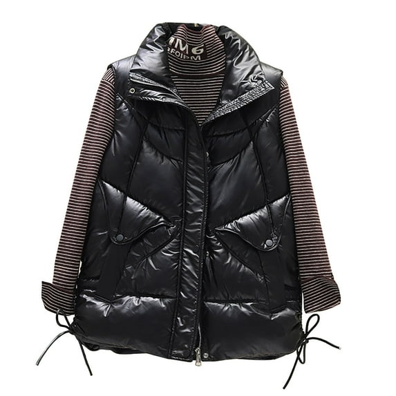 IROINNID Women's Sleeveless Puffer Coat Stand Collar Short Cover-up Pocket Vest Jacket Winter Turn Down Collar Zipper Solid Outerwear, Black