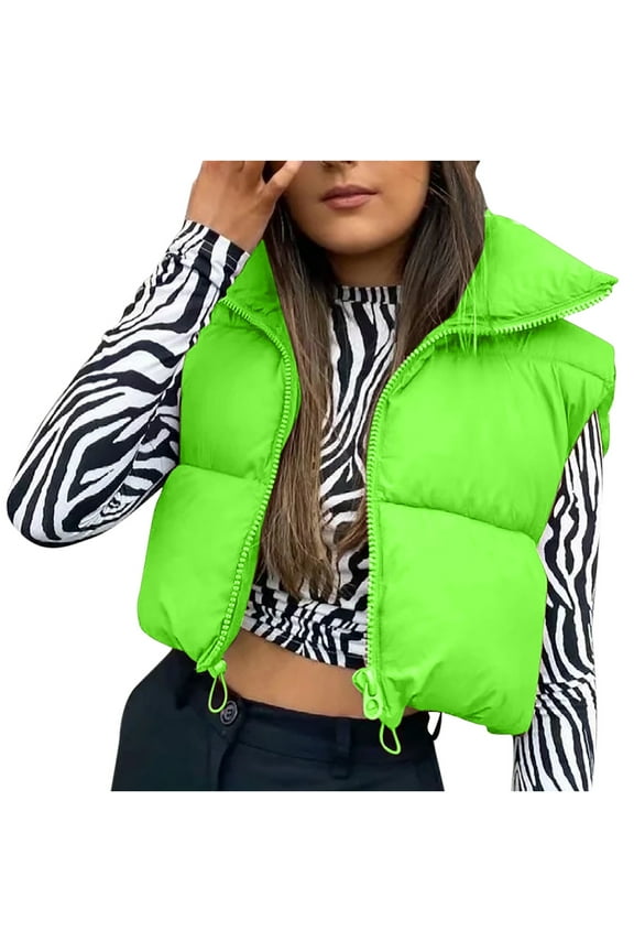 Women's Sleeveless Puffer Coat Stand Collar Short Cover-up Winter Lightweight Warm Outerwear Padded Coat, Green