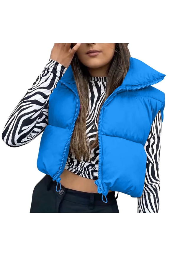 Women's Sleeveless Puffer Coat Stand Collar Short Cover-up Winter Lightweight Warm Outerwear Vest Padded Coat, Blue