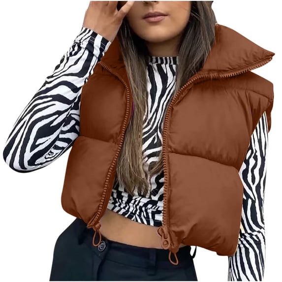 IROINNID Women's Sleeveless Puffer Coat Stand Collar Short Cover-up Winter Lightweight Warm Outerwear Vest Padded Coat, Brown