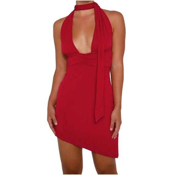 IROINNID Women's Sleeveless Sheath Dress Short Summer Wrapped Chest Hanging Neck Dress Solid Color V-Neck Dress