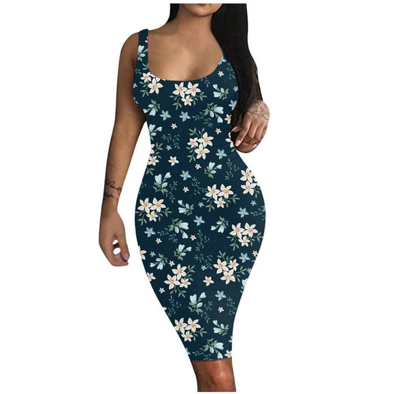 IROINNID Women's Sleeveless Sheath Dress Square Neck Fashion Dress Basic Club Dress Prints Dress