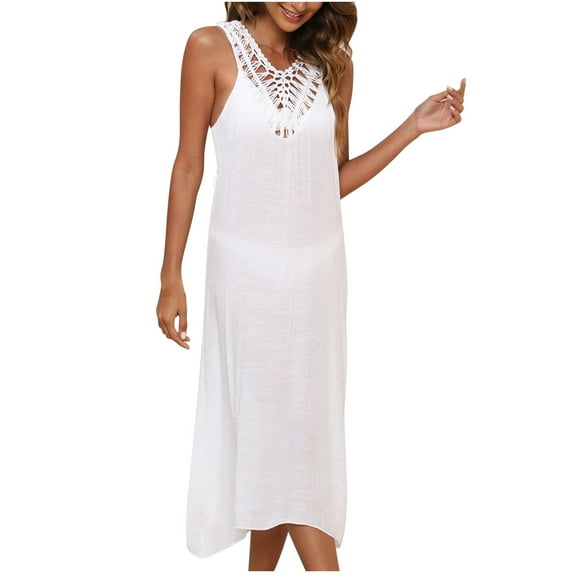 IROINNID Women's Sleeveless Shift Dress Below The Knee Beach Skirt Hand Hook Panel Tank Skirt Sexy Backless Top Solid Color V-Neck Dress