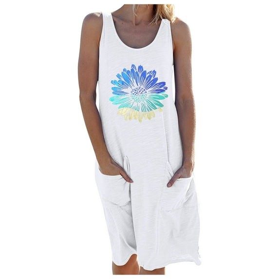 IROINNID Women's Sleeveless Shift Dress Round Neckline Casual Chrysanthemum Dress Pocket Dress Prints Dress