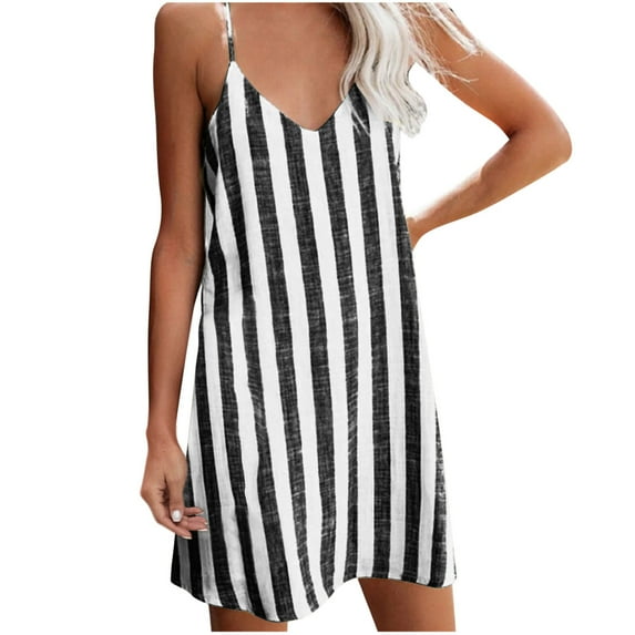 IROINNID Women's Sleeveless Shift Dress Round Neckline Casual Striped Ladies Cami Mini Dress Regular Stripes Dress