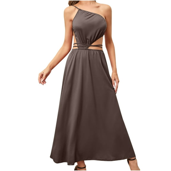 IROINNID Women's Sleeveless Solid Color A-Line Dress Fashion Casual One Neck Backless Belt Long Dress One-Shoulder Full-Length Dress