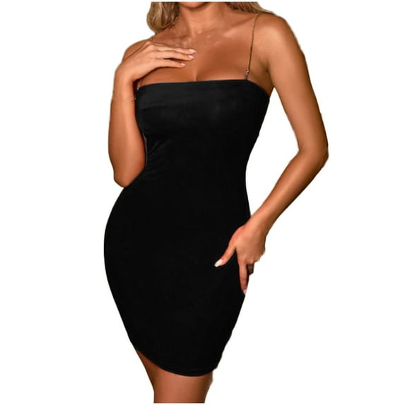 IROINNID Women's Sleeveless Solid Color Sheath Dress Sexy Flash Chip Club Night Backless Chain Buttocks Short Dress Square Neck Short Dress
