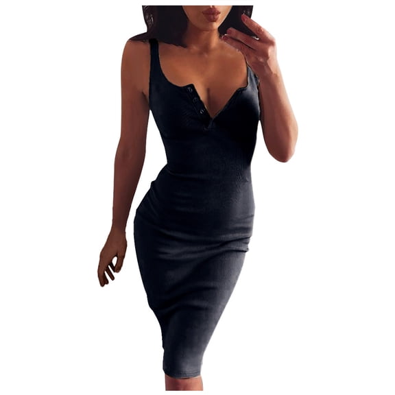 IROINNID Women's Sleeveless Solid Color Sheath Dress Sling U-Neck Knitted Midi Dress V-Neck Knee-Length Dress