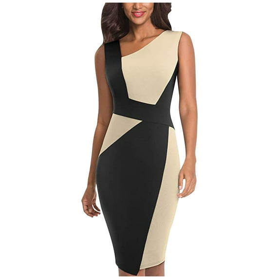 IROINNID Women's Sleeveless Solid Color Sheath Dress Vintage Business Dress Stretch with Contrast Fashion dress V-Neck Knee-Length Dress