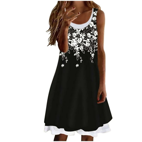 IROINNID Women's Sleeveless Sundress Fashion Casual Fake Two-Piece Ladies Vest Tank Dress Round Neckline Short Women Dress