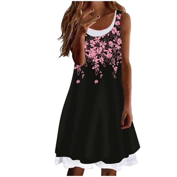 IROINNID Women's Sleeveless Sundress Fashion Casual Fake Two-Piece Ladies Vest Tank Dress Round Neckline Short Women Dress