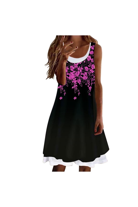 Women's Sleeveless Sundress Fashion Casual Fake Two-Piece Ladies Vest Tank Dress Round Neckline Short Women Dress