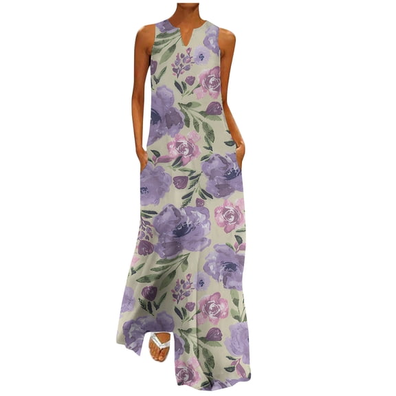IROINNID Women's Sleeveless Sundress Full-Length Comfy Casual Summer Pockets Mid Calf Dress Printed V-Neck Dress