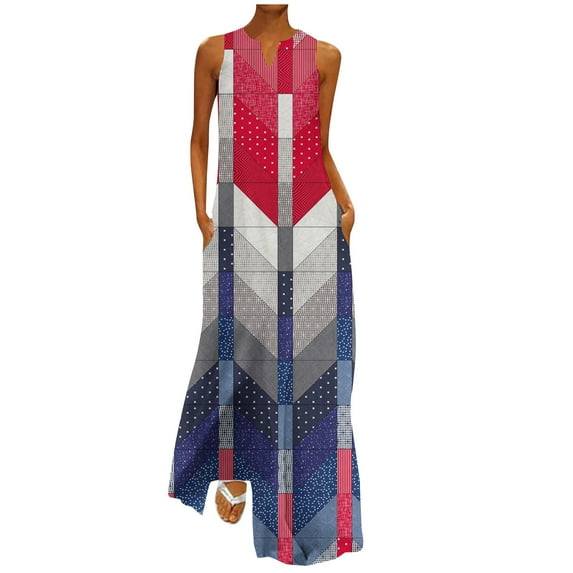 IROINNID Women's Sleeveless Sundress Full-Length Fashion Pockets Mid Calf Dress Printed V-Neck Dress