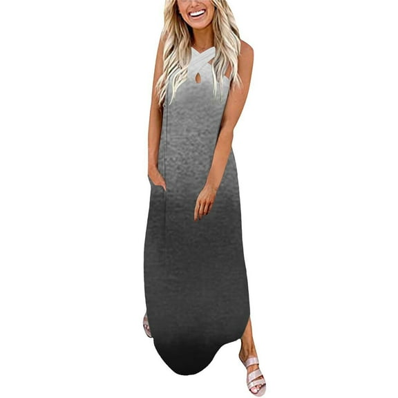 IROINNID Women's Sleeveless Sundress Full-Length Summer Design Casual Dress Gradual Hanging Neck Long Dress Tie-Dye V-Neck Dress
