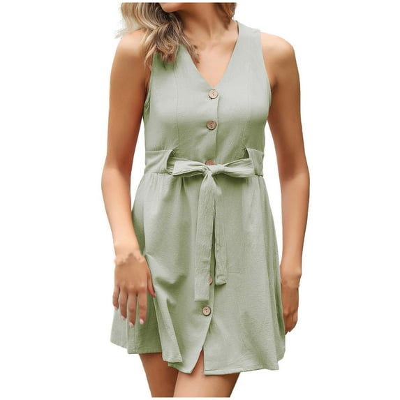 IROINNID Women's Sleeveless Sundress Knee-Length Casual Button Cotton Linen Waistcoat Dress Solid Color V-Neck Dress