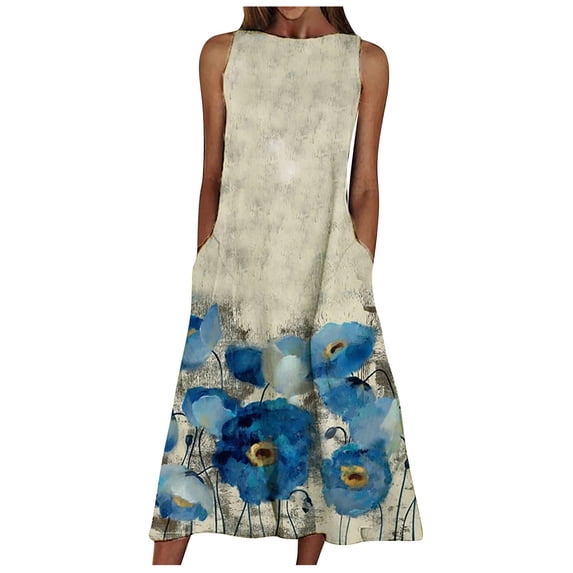 IROINNID Women's Sleeveless Sundress Summer Scenic Floral Pocket Dress Round Neckline Ankle-Length Women Dress