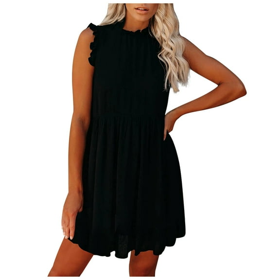 IROINNID Women's Sleeveless Surplice Dress Fashion Casual Ruffled Waist Pocket Dress Round Neckline Knee-Length Women Dress