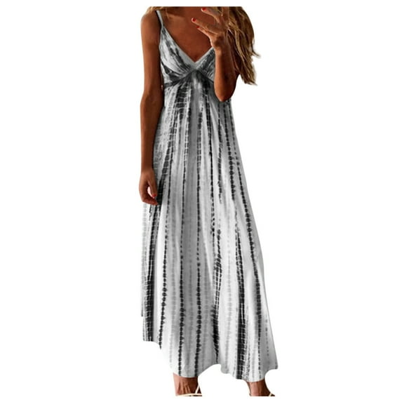 IROINNID Women's Sleeveless Tie-Dye Sundress Tie-Dye Beach Pullover Maxi Boho Ladies Loose Long Slip Dress V-Neck Full-Length Dress