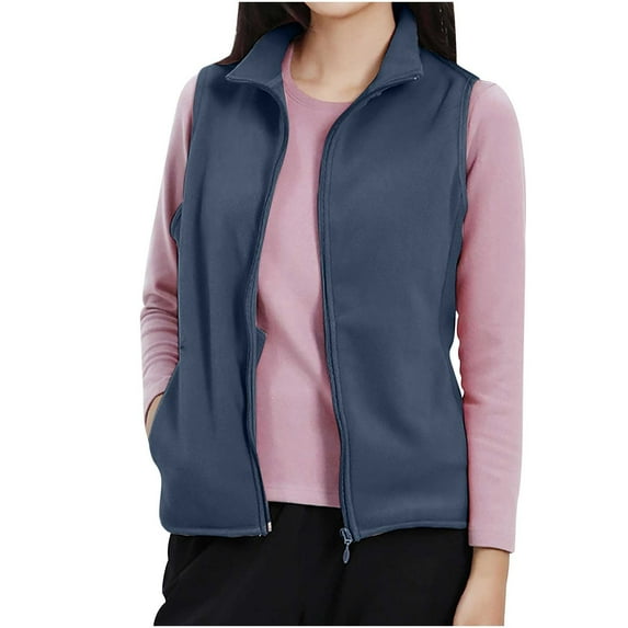 IROINNID Women's Sleeveless Zip Up Jacket Turndown Lapel Short Cover-up Stand Collar Pure Color Pocket Plush Warm Vest, Dark Blue