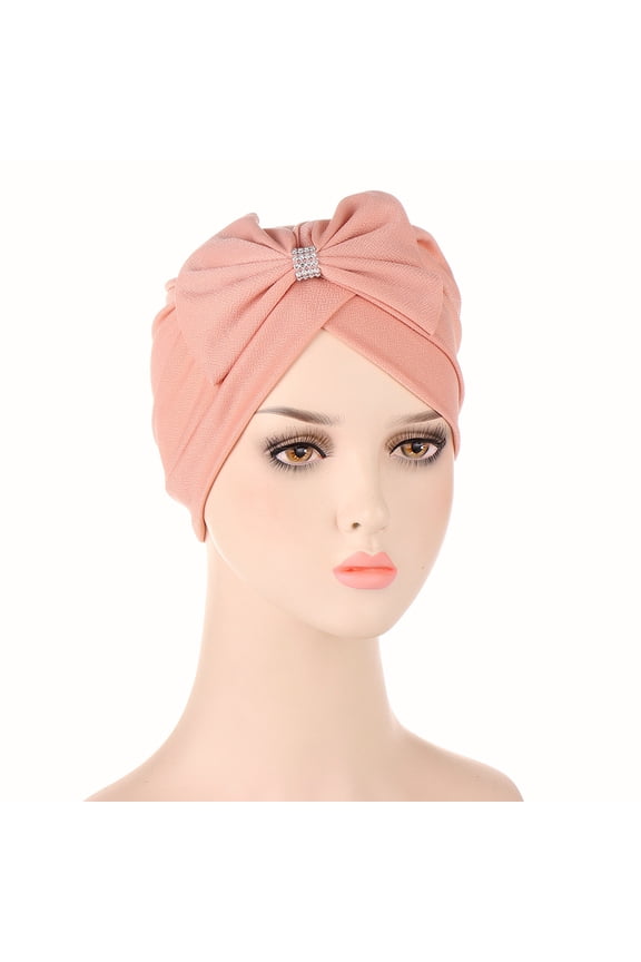 Women's Solid Bowknot India Muslim Ruffle Head Scarf Head-wear Wraps Turbans Beanie Cap Head-wraps,Pink