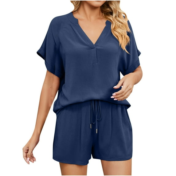 IROINNID Women's Solid Color Casual Tops V-neck Comfortable Loose Short Sleeve Casual Suits On Sale