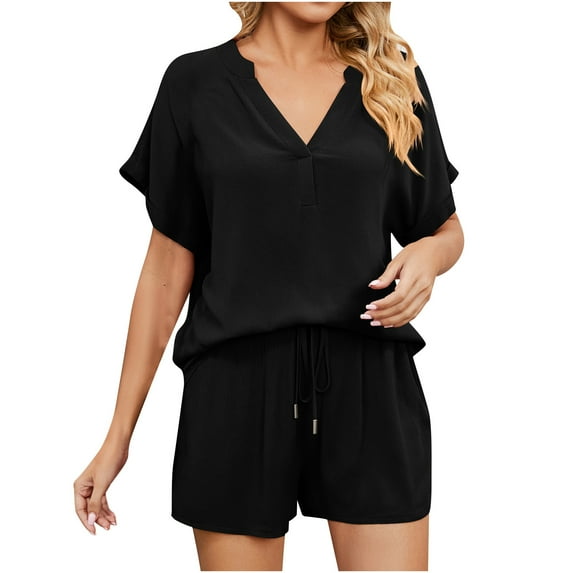 IROINNID Women's Solid Color Casual Tops V-neck Comfortable Loose Short Sleeve Casual Suits Spring
