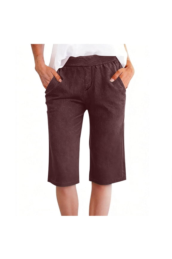 Women's Solid Color Knee Length Faux Jeans,Elastic Waistband Slim Fit Denim Pants ,Casual Daily Wear Short Pants with Pockets,Versatile Summer Casual Streetwear for Women