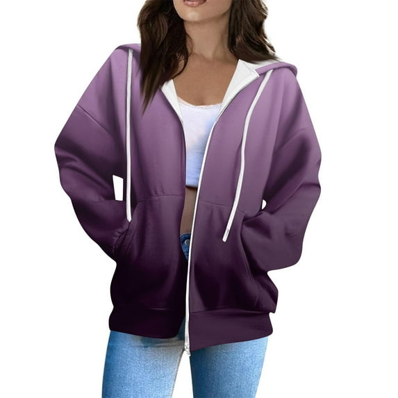 IROINNID Women's Solid Color Print Full Zip Hoodie Fleece Lined Oversized Streetwear Coat Casual Loose Fit Outerwear for Daily Outdoor Activities(Purple,2XL)