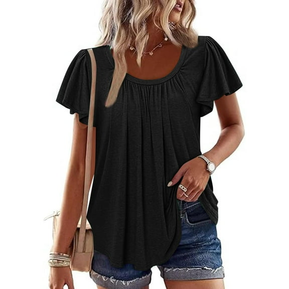 IROINNID Women's Solid Color Round Neck Short Sleeve Blouse Casual Spring Summer Tops Lightweight Fashion Basic(Black#1,)