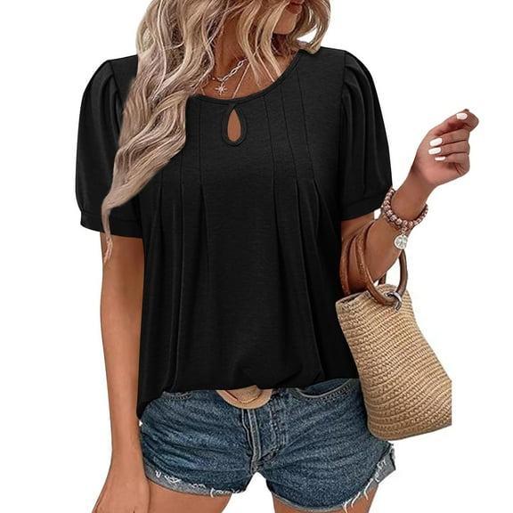 IROINNID Women's Solid Color Round Neck Short Sleeve Blouse Casual Spring Summer Tops Lightweight Fashion Basic(Black,)