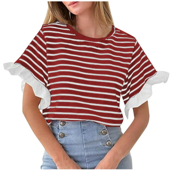 IROINNID Women's Solid Color Round Neck Short Sleeve Blouse Casual Spring Summer Tops Lightweight Fashion Basic(Red#2,)