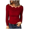 thumbnail image 1 of IROINNID Women's Solid Lace Long Sleeve Off Shoulder Pullover Casual Slim Fit Fall Blouses,Burgundy, 1 of 6