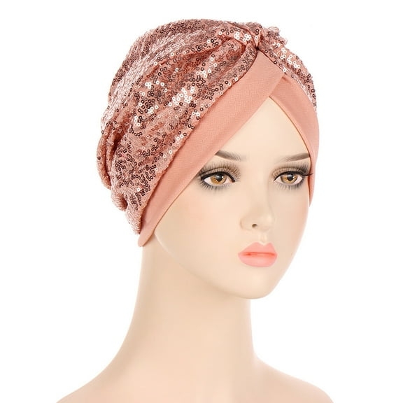 IROINNID Women's Solid Sequins India Muslim Ruffle Head Scarf Head-wear Wraps Turbans Beanie Cap Head-wraps,Pink