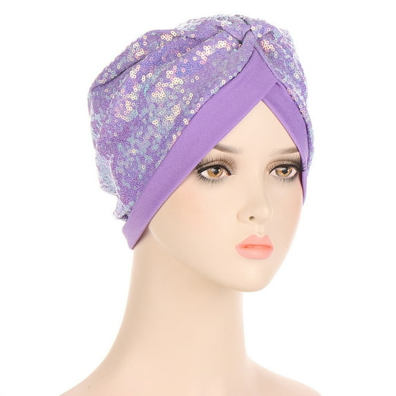 IROINNID Women's Solid Sequins India Muslim Ruffle Head Scarf Head-wear Wraps Turbans Beanie Cap Head-wraps,Purple